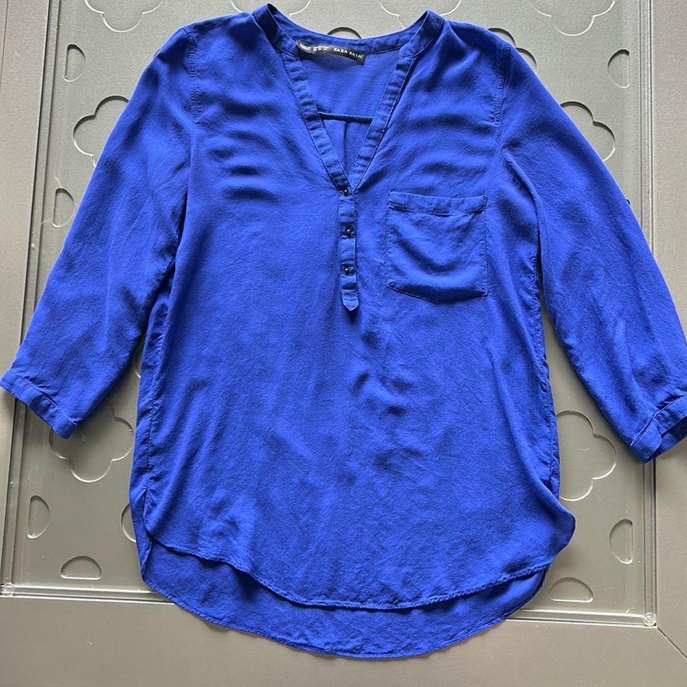 ZARA Basics Royal Blue Flowy V-Neck Tunic Blouse Women’s XS - Picture 11 of 12